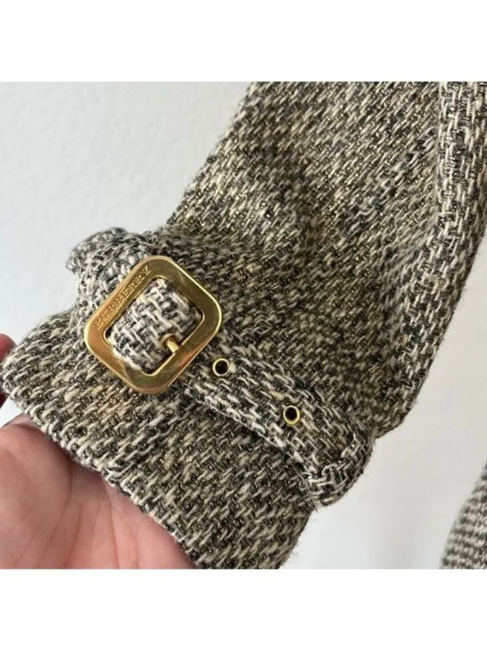 Burberry Metallic Tweed Gold Belted Trench Coat Jacket - Picture 6 of 15